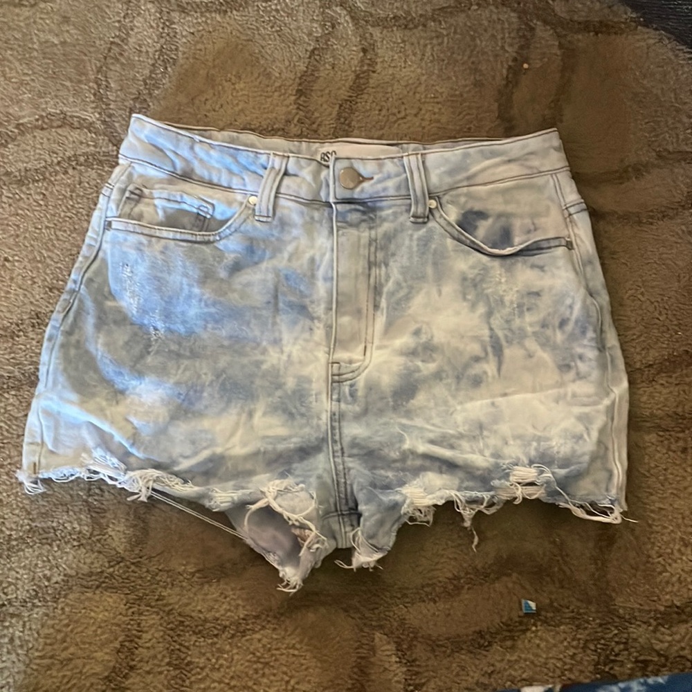 Blue and white tie-dye jean shorts